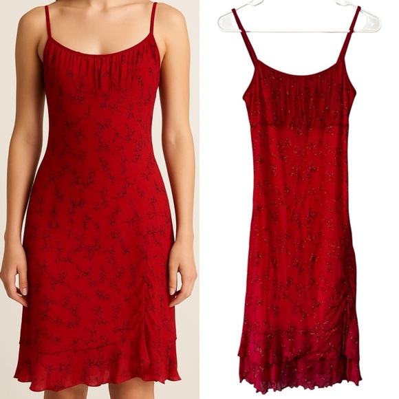 Taboo Y2K Red Floral Slip Dress Vintage 90s/00s Ruffle Hem Mini Dress Size M - Picture 1 of 10